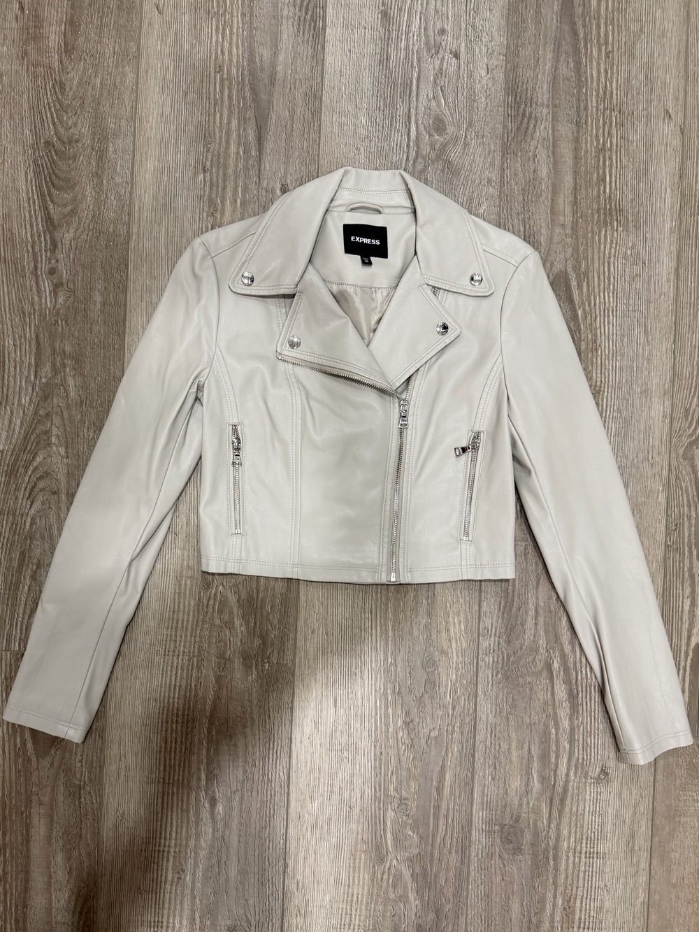 Express Light Gray Cropped Leather Moto Jacket